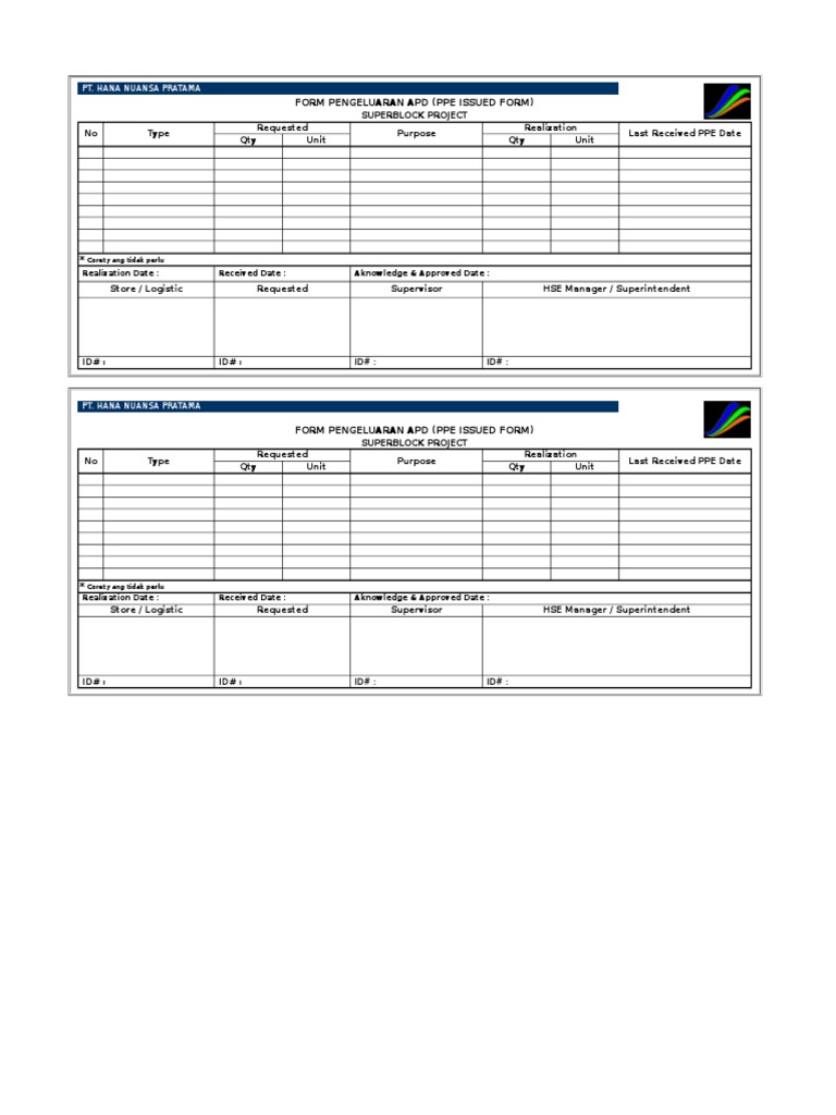 Form Pengeluaran Apd (Ppe Issued Form) : Pt. Hana Nuansa Pratama | PDF