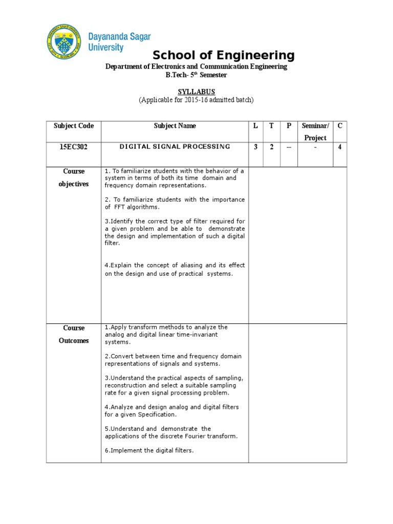 Digital Signal Processing Syllabus | PDF | Discrete Fourier Transform ...