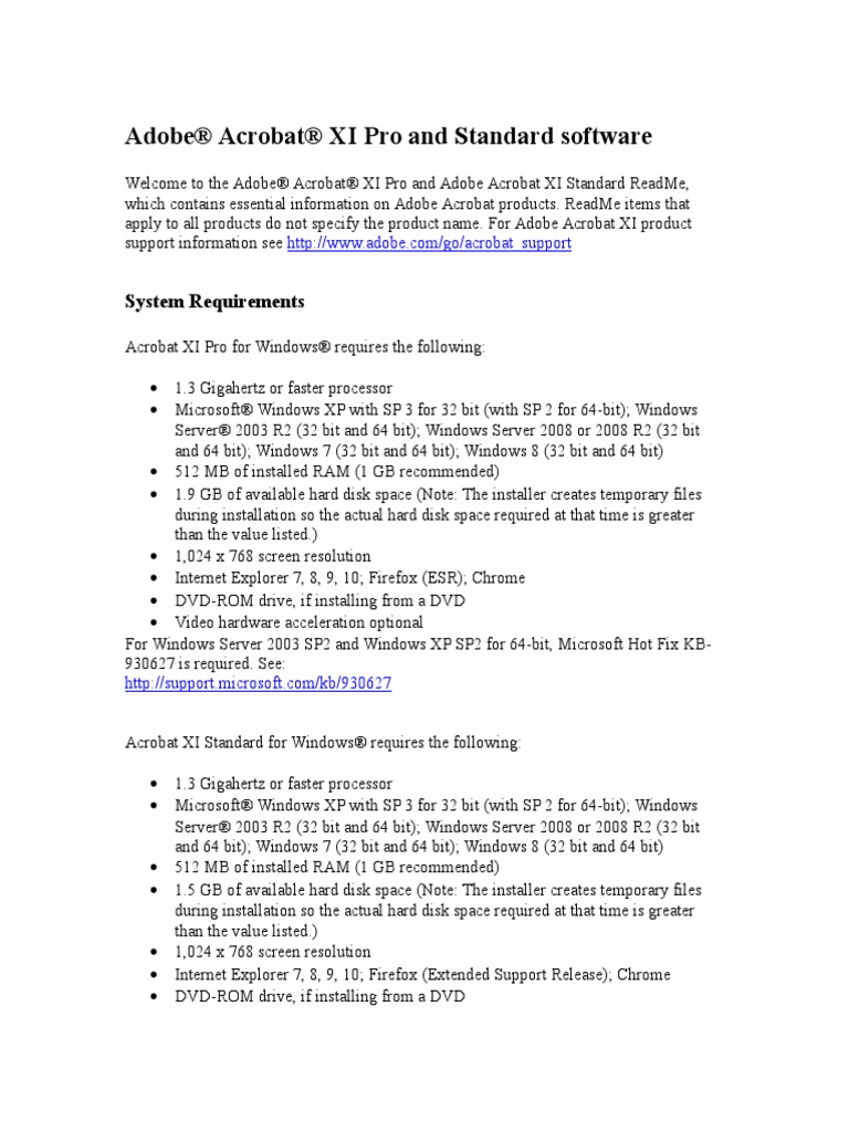 Adobe® Acrobat® XI Pro and Standard Software System Requirements