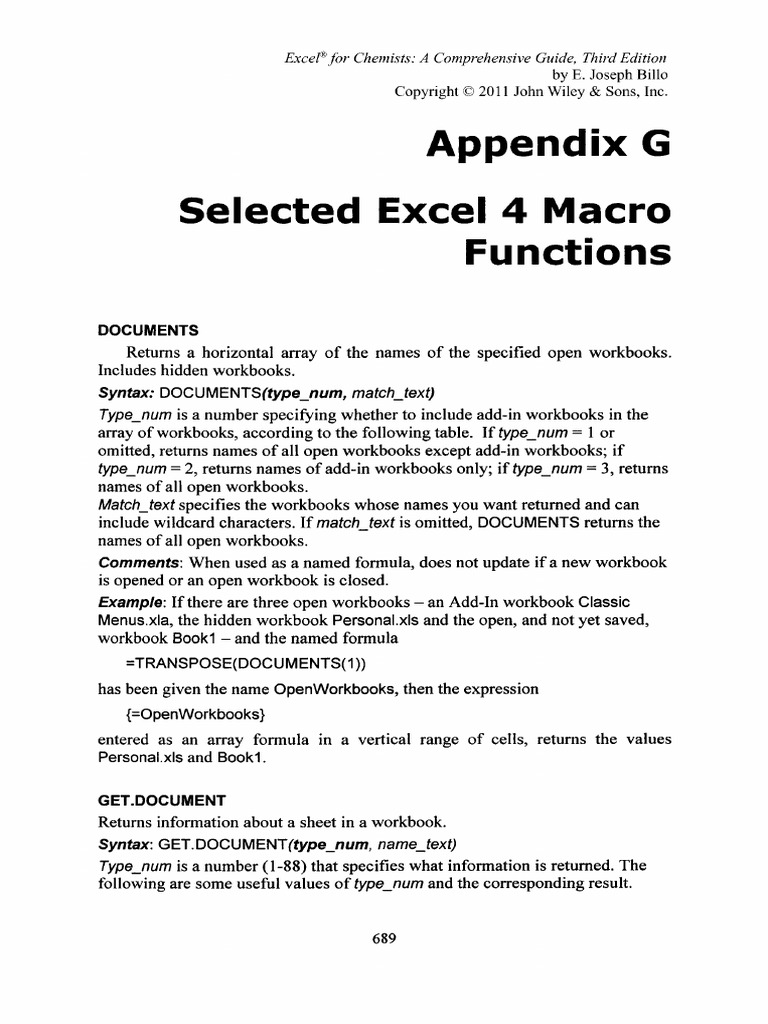 Appendix G Selected Excel 4 Macro Functions | Worksheet | Microsoft Excel