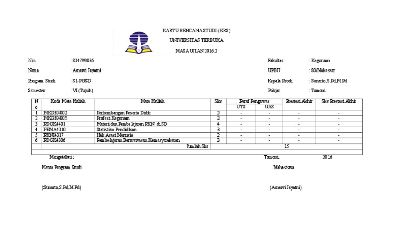 contoh kartu rencana studi mahasiswa ut Kartu Rencana Studi contoh kartu rencana studi mahasiswa ut