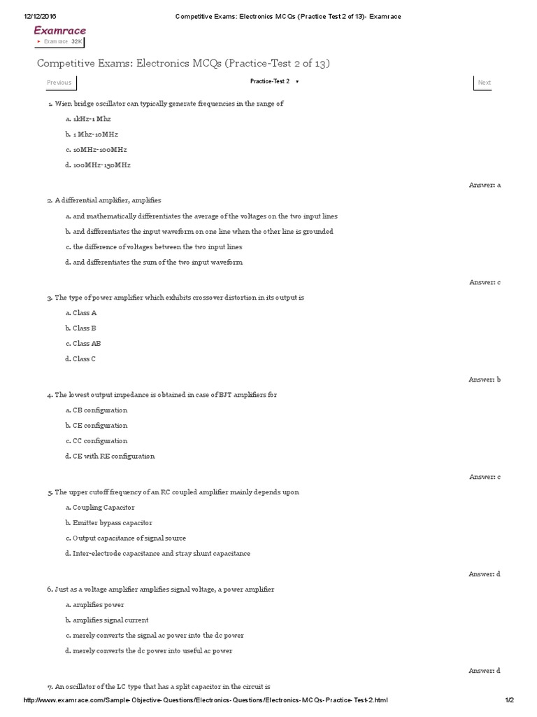 Electronics MCQ Practice Test Amplifiers, Oscillators, and Power