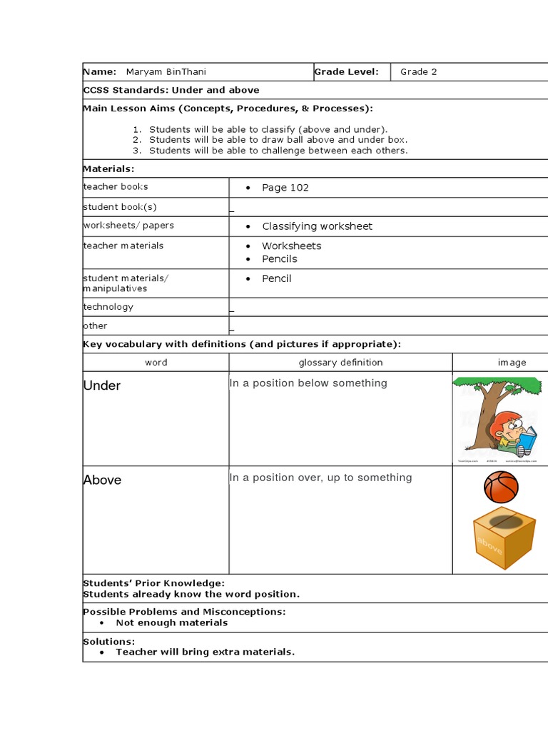 Grade 2 Lesson on Above and Under | PDF