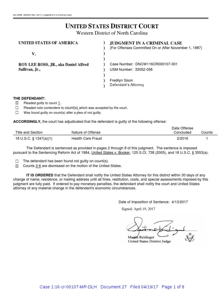 Ross Sentencing Doc United States Federal Probation And Supervised