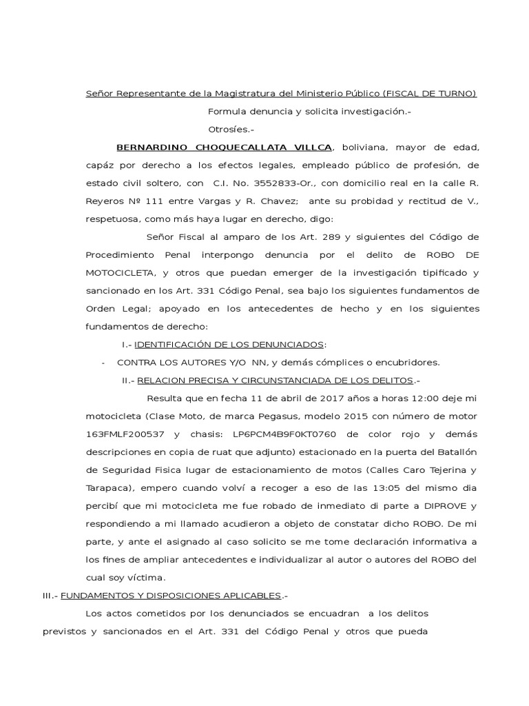 Denuncia por Robo de Motocicleta | PDF | Delito | Derecho penal
