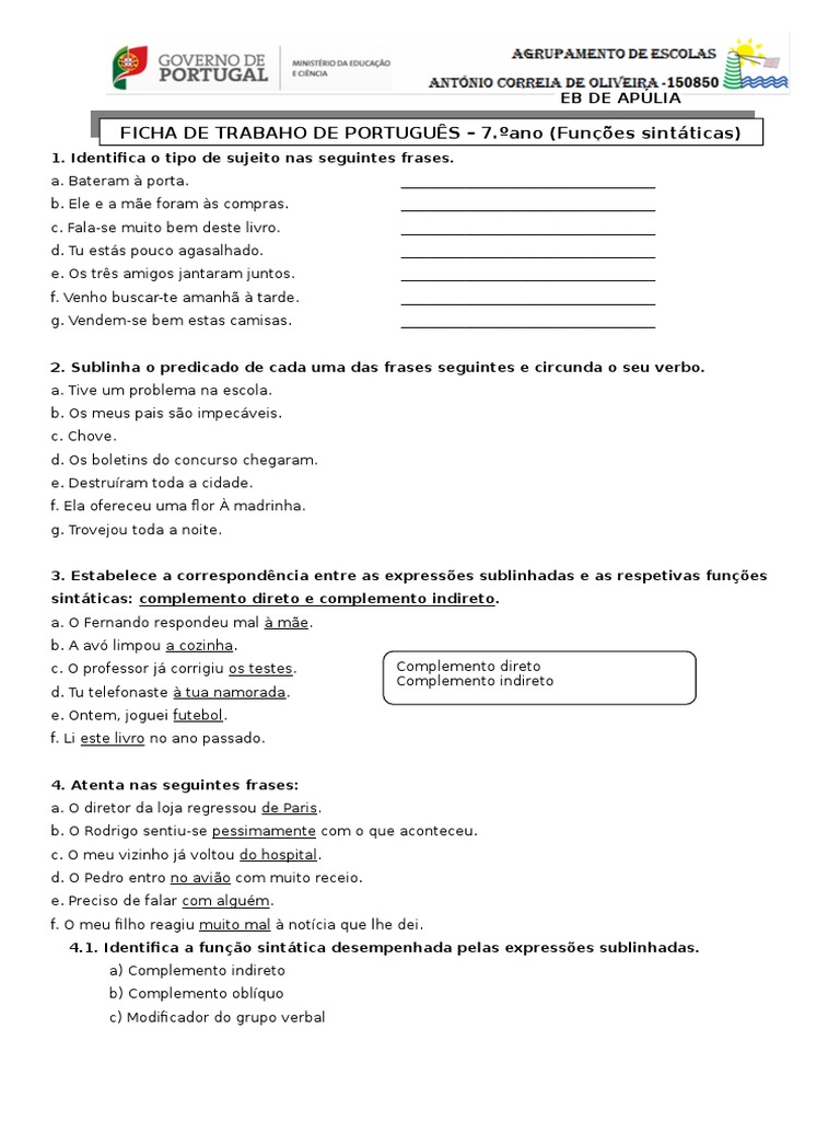 Ficha Apoio Funções Sintáticas | PDF | Assunto (Gramática) | Regras