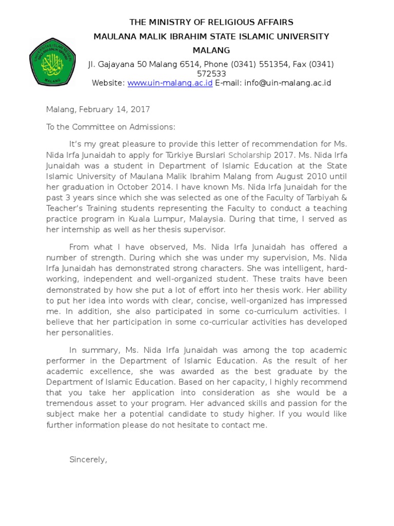 Example of recommendation letter for thesis image