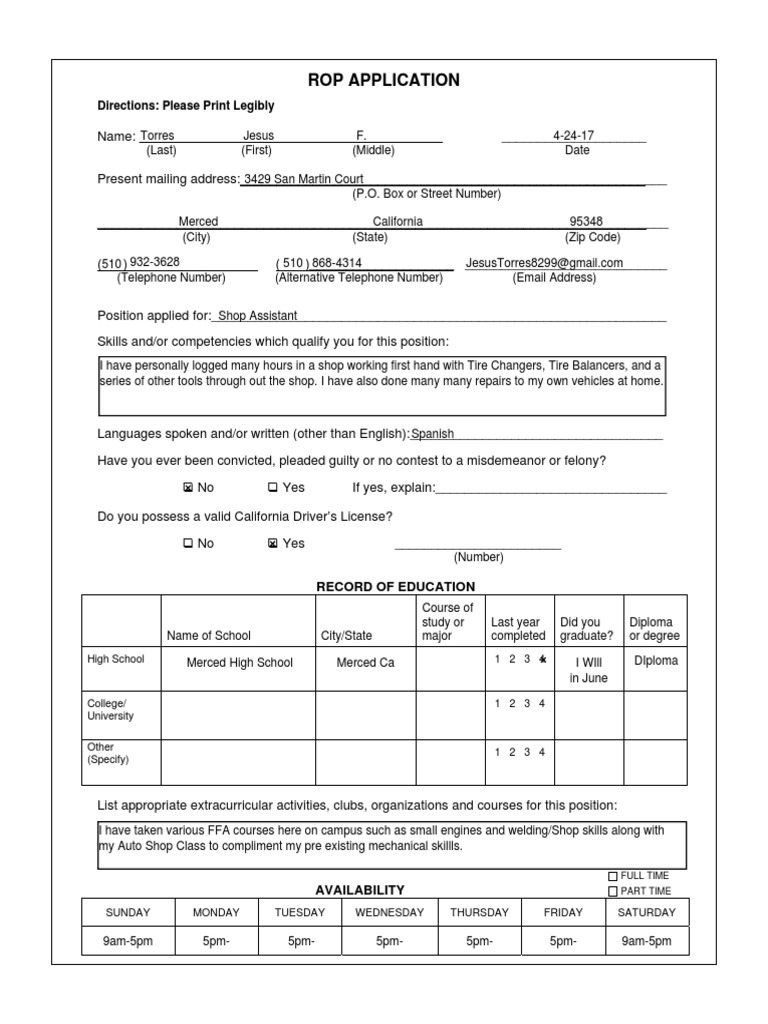 Rop Application: Directions: Please Print Legibly | PDF | Violence ...