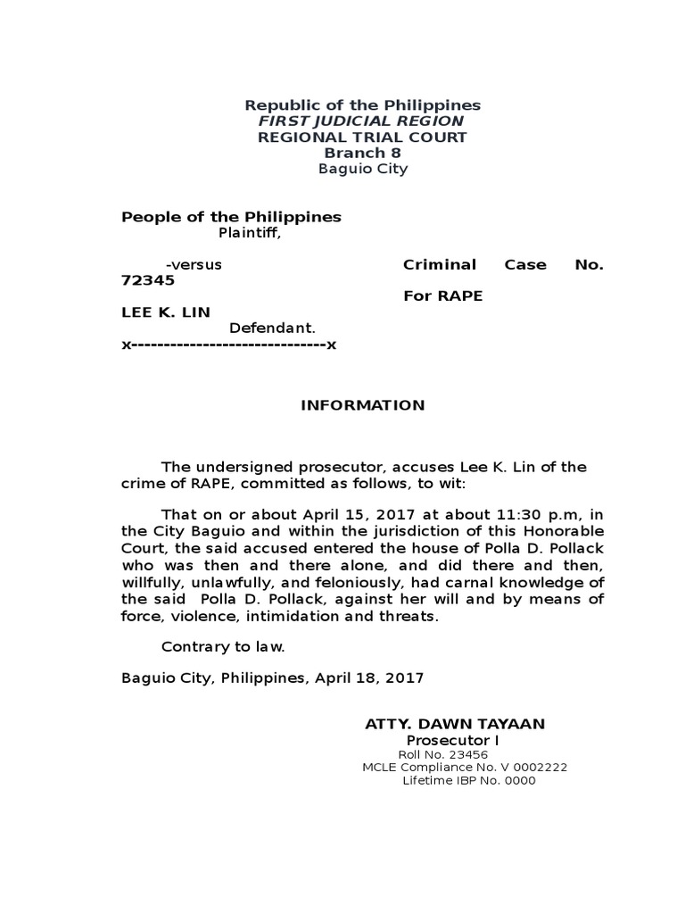 People of The Philippines Plaintiff, Criminal Case No. 72345 For Rape ...