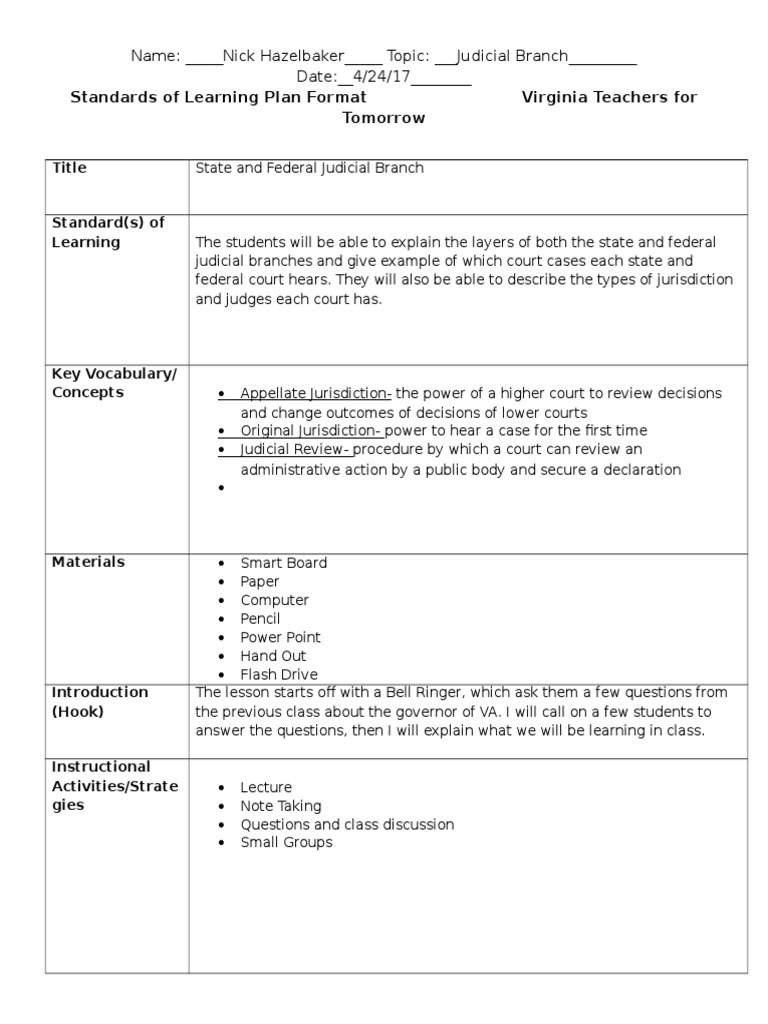 Standards of Learning Plan Format Virginia Teachers For Tomorrow PDF