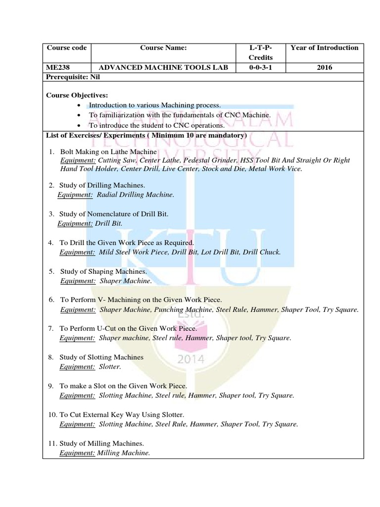 ME238 Advanced Machine Tools Lab PDF Numerical Control Drill