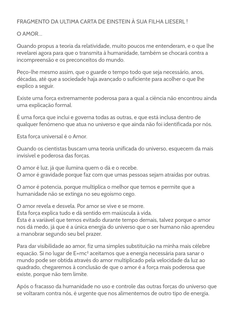 Fragmento Da Ultima Carta de Einstein à Sua Filha Lieserl Amor Universo
