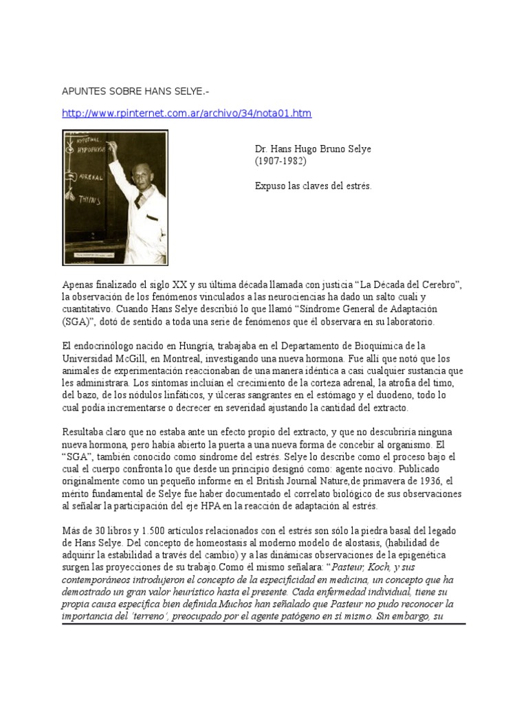 HANS SELYE y Su Obra | PDF | Estrés (biología) | Biología