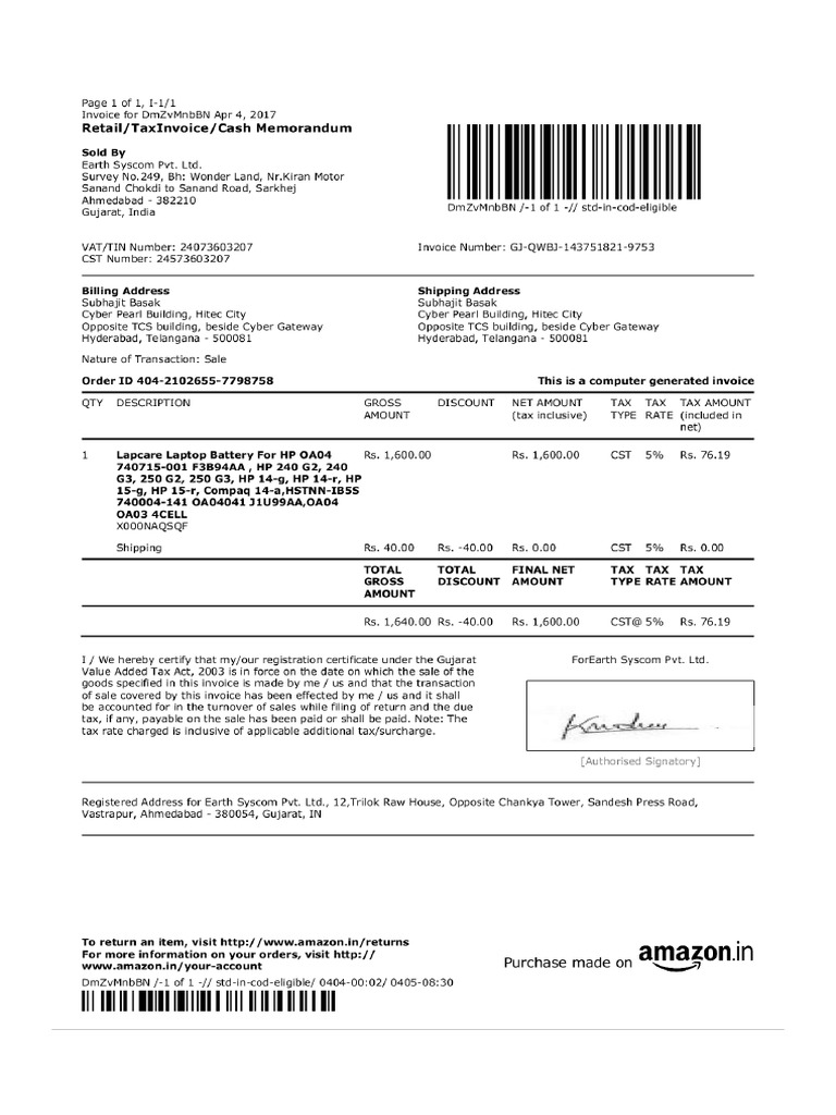 Battery Invoice