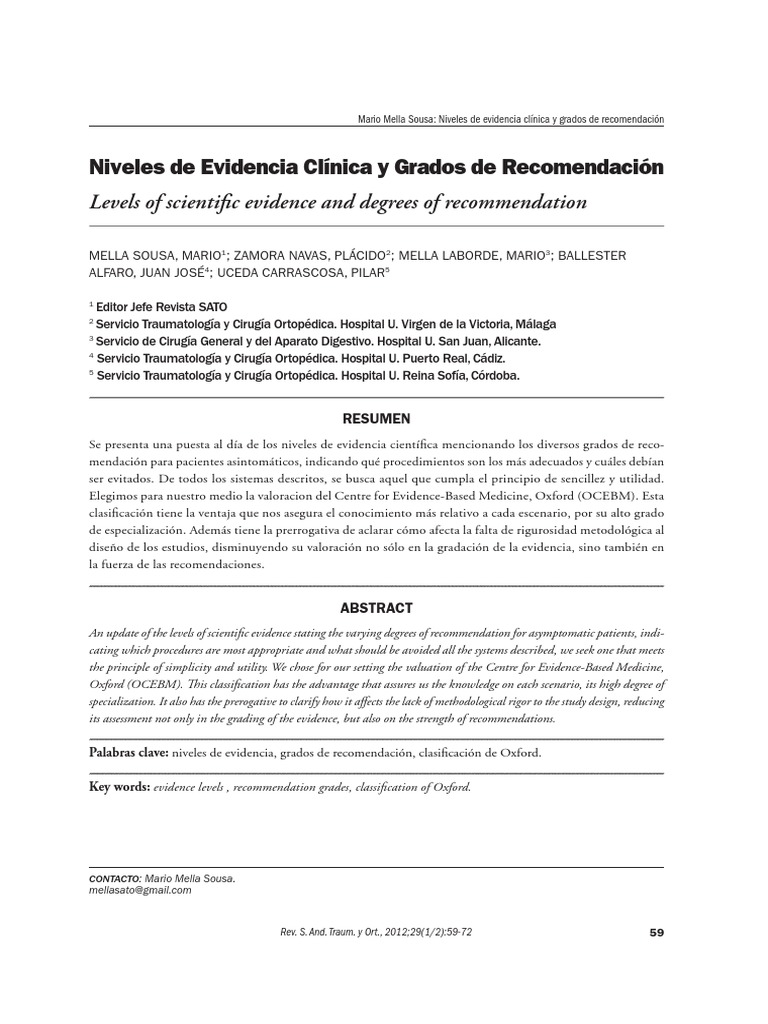 Niveles de Evidencia y Recomendación Clínica | PDF | Diagnostico medico ...