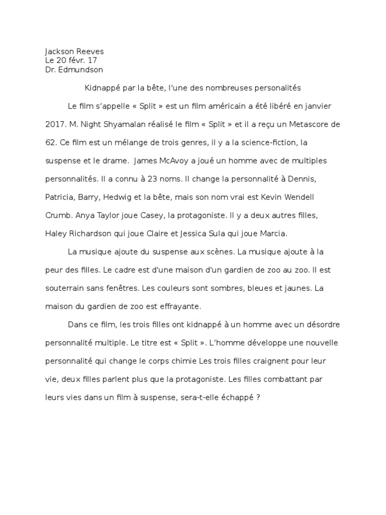Analyse du film "Split" de M. Night Shyamalan | PDF | Mystère, thriller ...