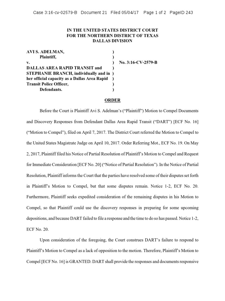 Order Granting Motion To Compel Against DART  Motion To Compel