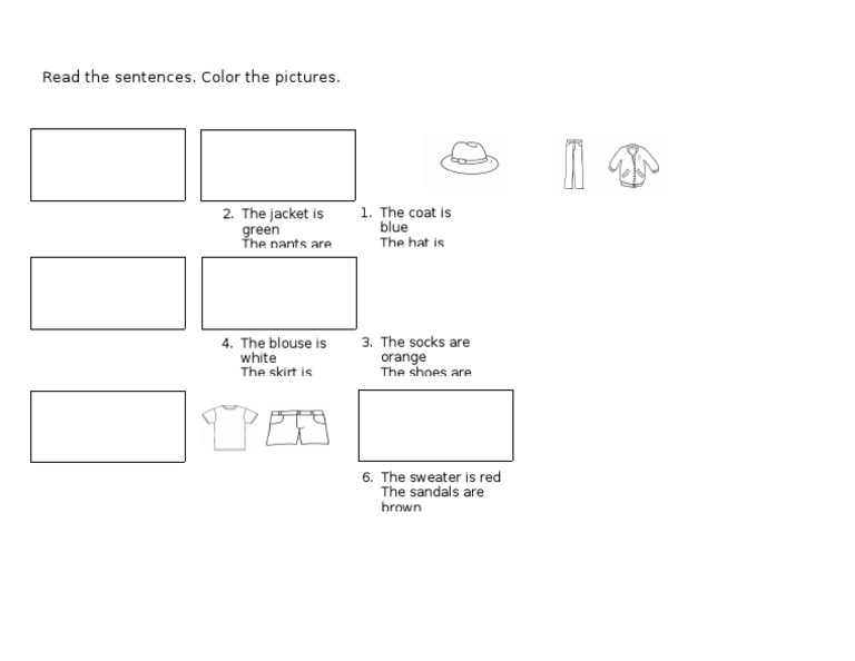 Read The Sentences. Color The Pictures. 2. The Jacket Is Green The Pants Are 1. The Coat Is