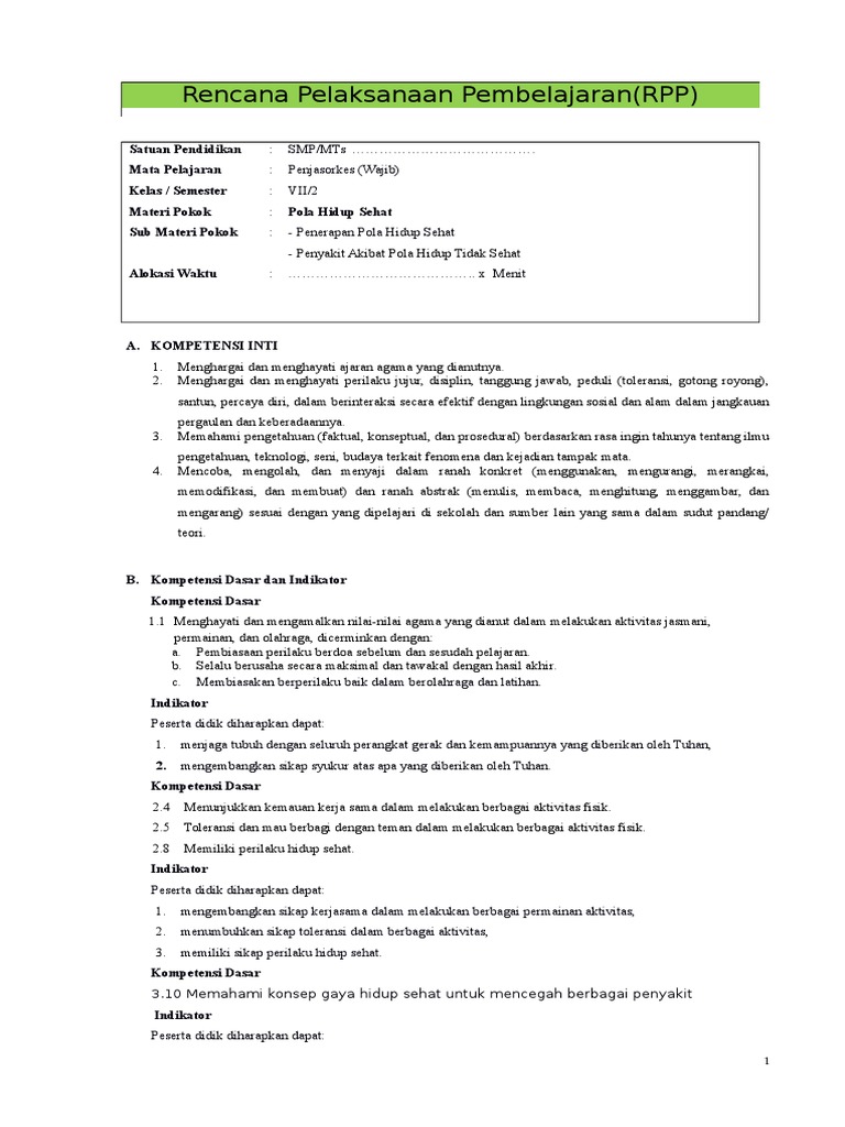 Rpp Bab 10 Penjasorkes Pola Hidup Sehat