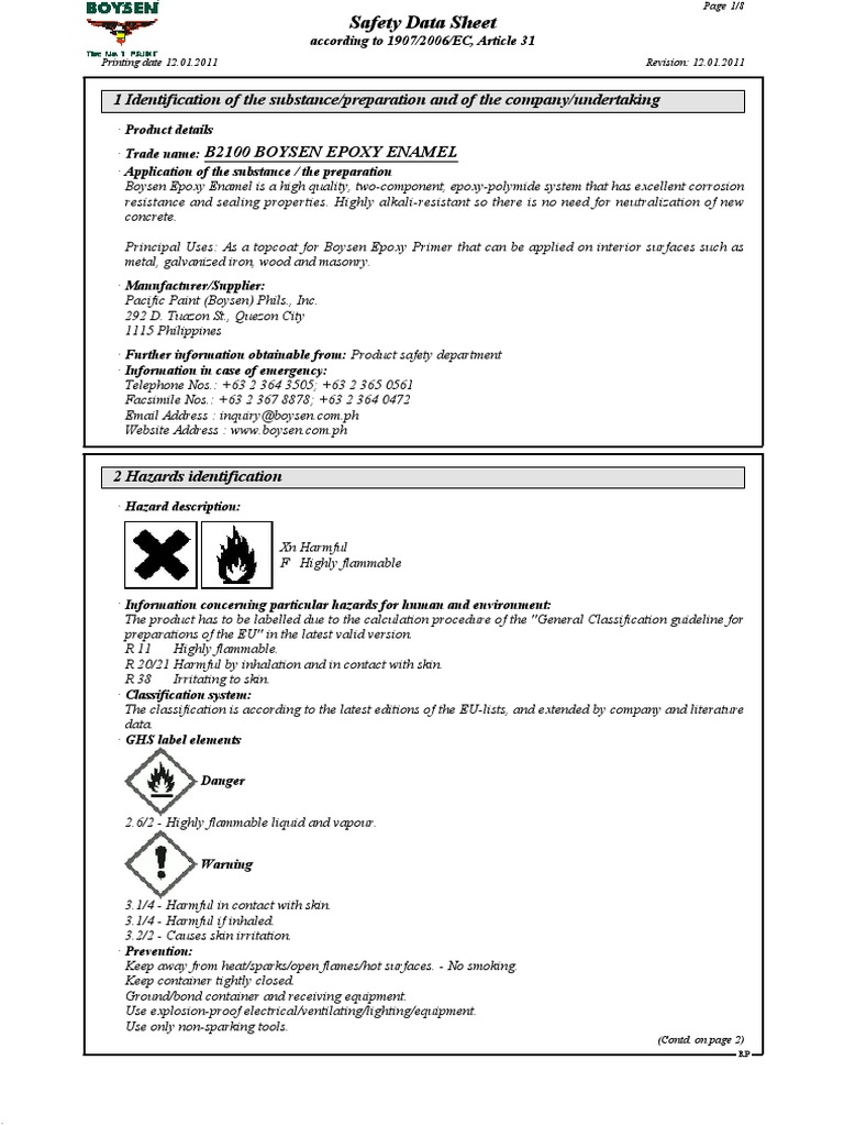 b2100 Boysen Epoxy Enamel Dangerous Goods Water