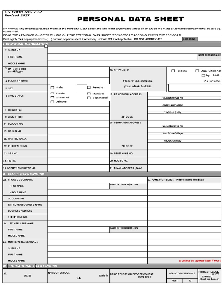 Civil Service Personal Data Sheet Form | PDF | Crime & Violence | Crime ...