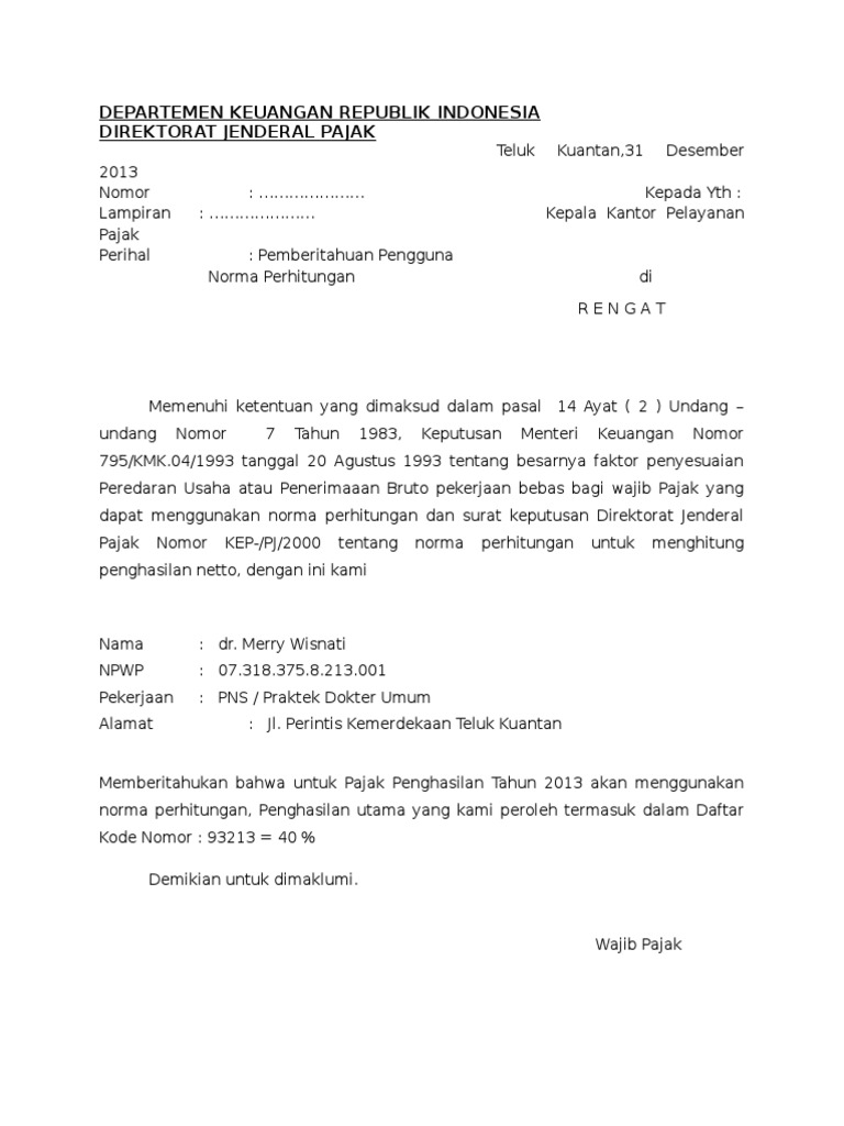 Contoh Surat Pemberitahuan Norma Penghitungan Erico News