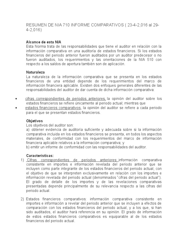 Resumen de NIA 710: Auditoría Comparativa | PDF | Contralor | Auditoría ...
