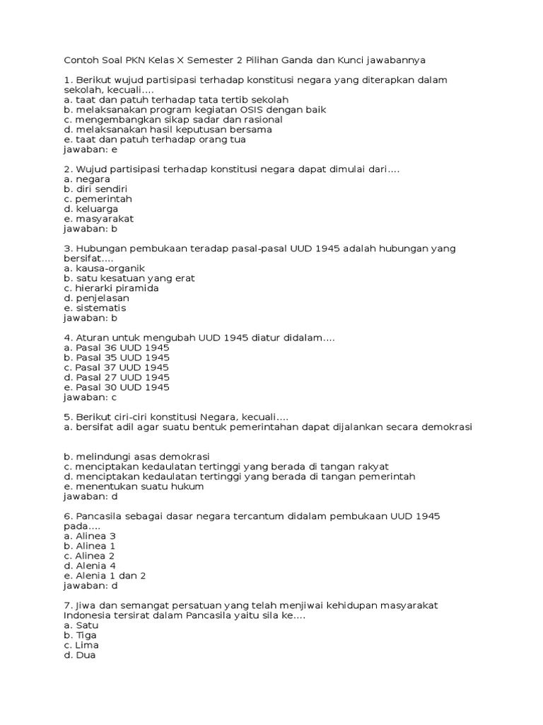 Contoh Soal PKN Kelas X Semester 2 Pilihan Ganda Dan Kunci