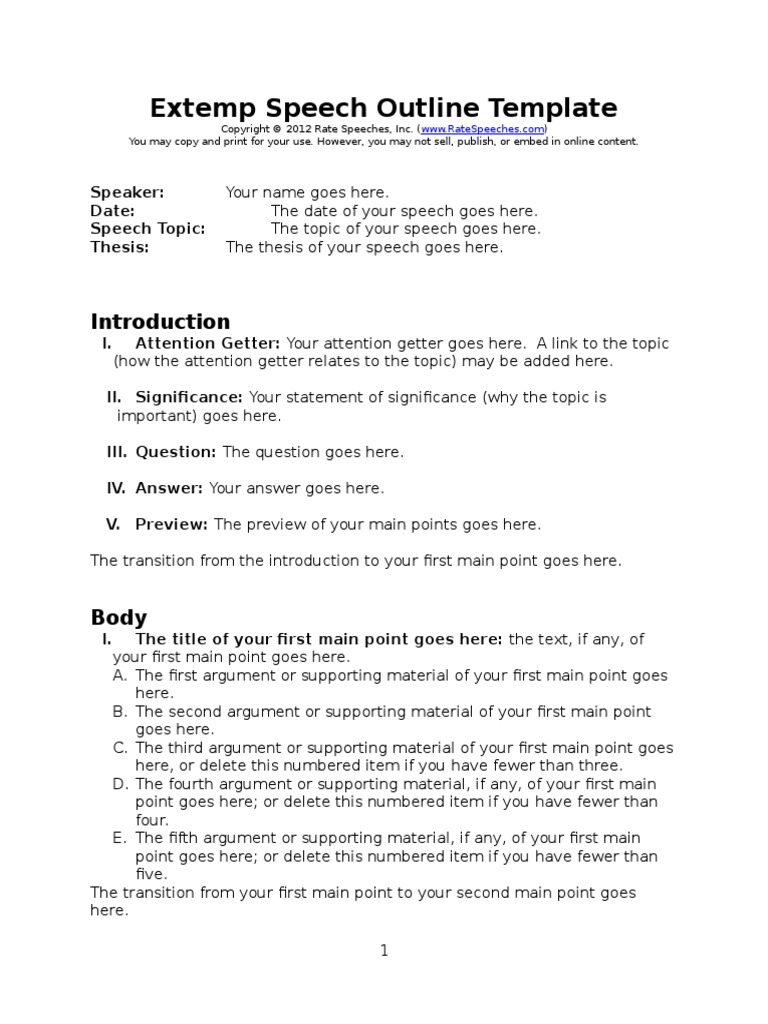 extemporaneous speech outline example