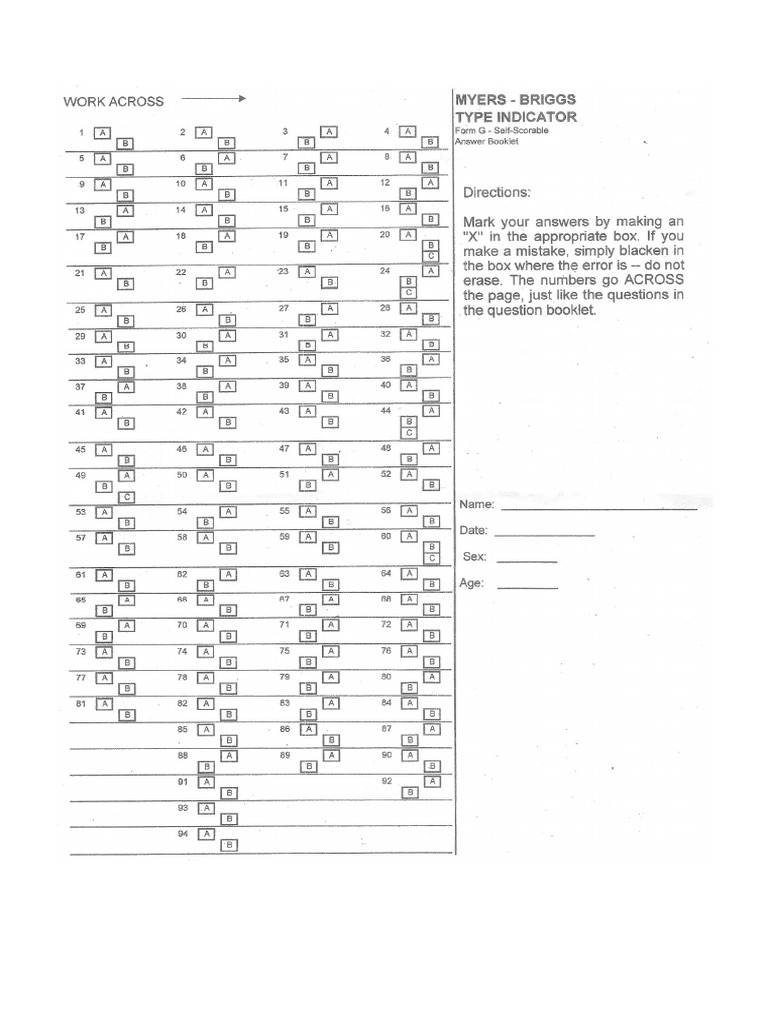 MBTI Answer Sheet | PDF | Carl Jung | Analytical Psychology for Free Myers Briggs Career Test Printable