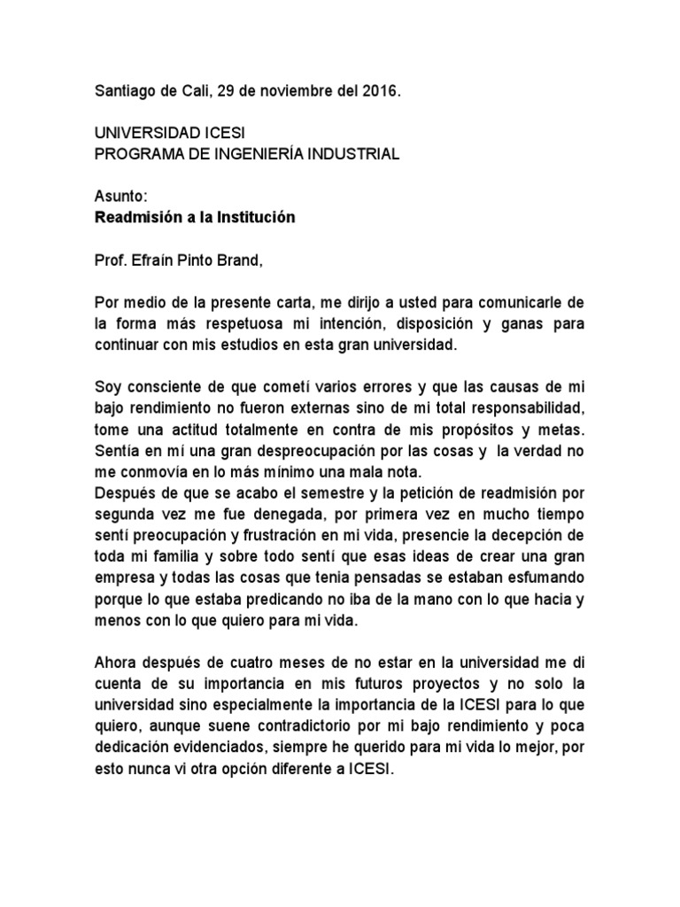 Carta de Readmisión (Word) PDF