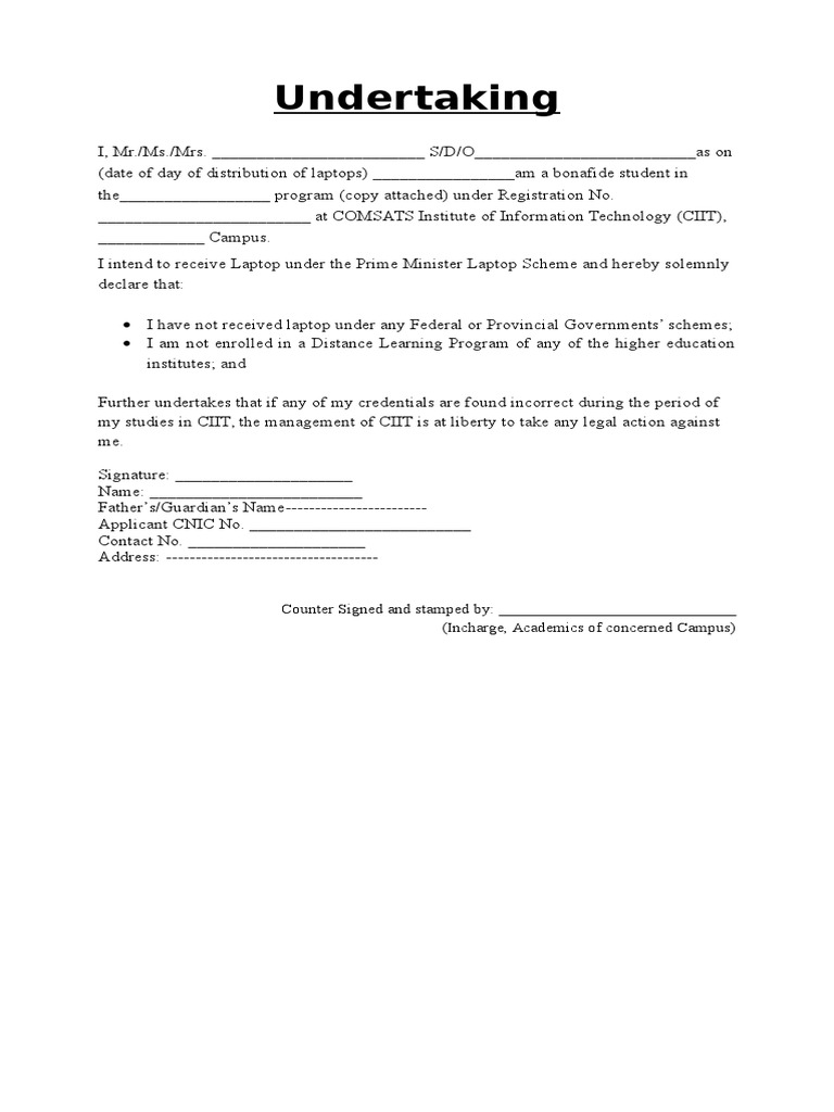 Undertaking: Counter Signed and Stamped By: - (Incharge, Academics of ...