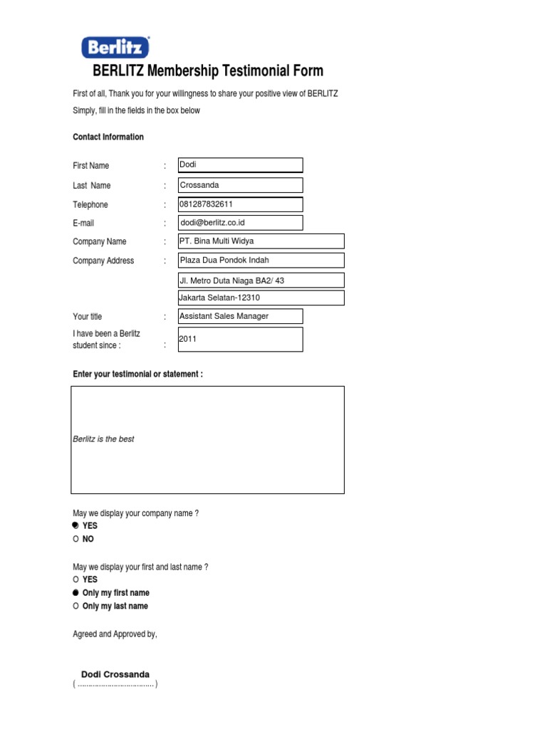 Berlitz Membership Testimonial Form | PDF