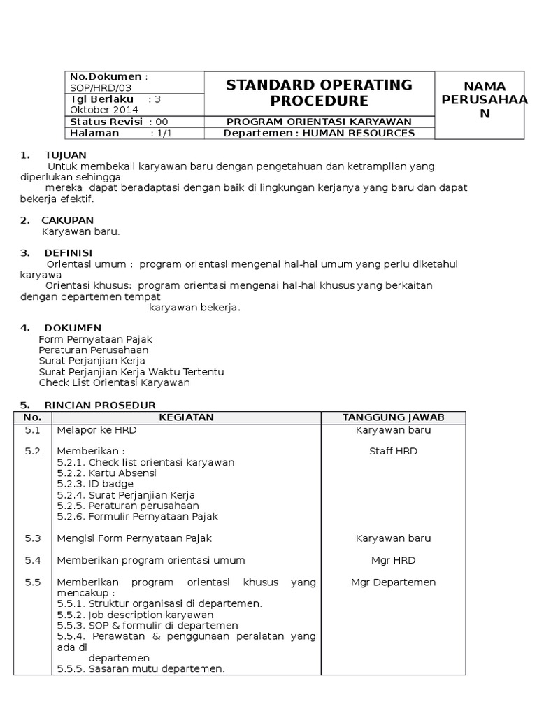 SOP Program Orientasi Karyawan Baru | PDF | Bisnis