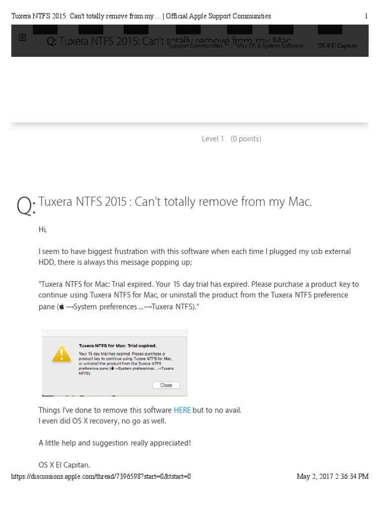 Uninstalling tuxera ntfs for mac