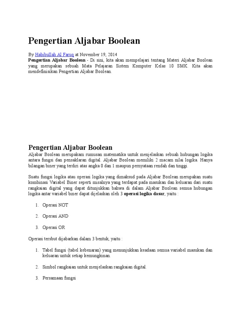 Pengertian Aljabar Boolean