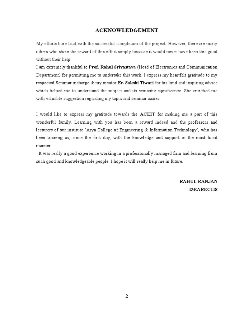 Acknowledgement: Rahul Ranjan 13EAREC118 | PDF
