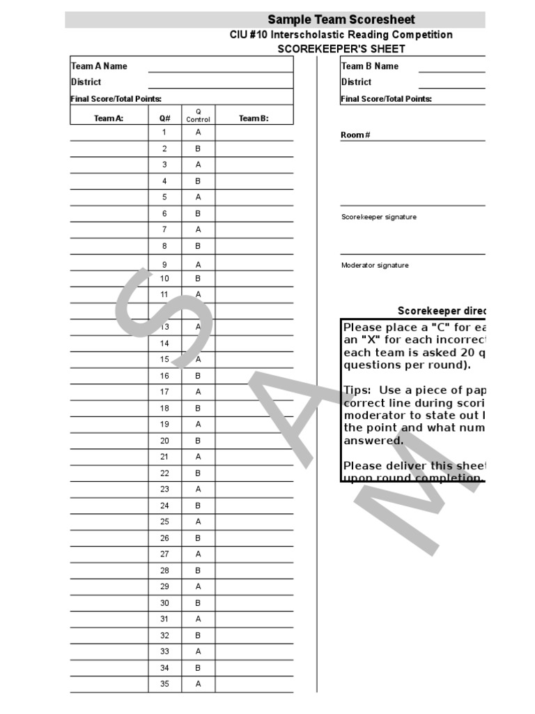 Interscholastic Reading Scoresheet | PDF | Game Shows | Television Series