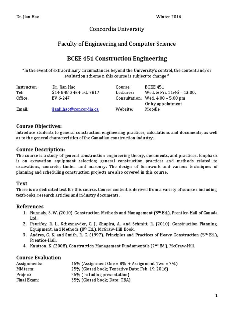 B Cee 451 Course Outline PDF Test (Assessment) Engineer