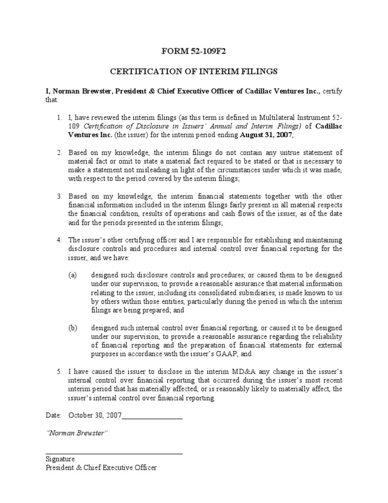 Cadillac Ventures Interim Filing Certification | PDF | Business | Law