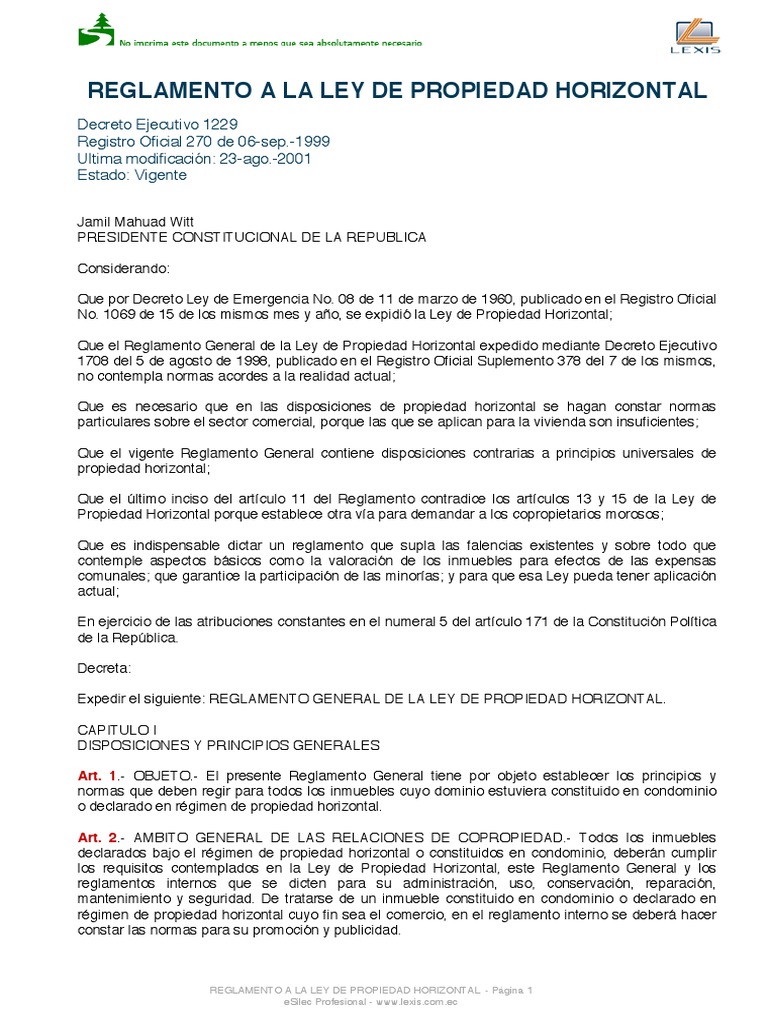 Reglamento A La Ley de Propiedad Horizontal | PDF | Condominio | Propiedad