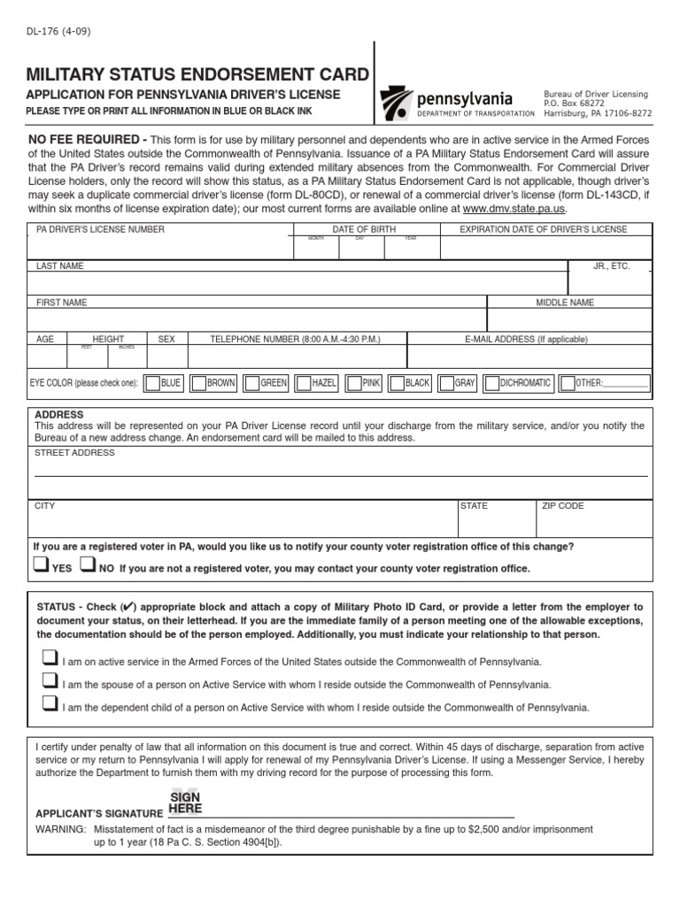 DL176 PennDOT Military Status Endorsement Card PDF Voter