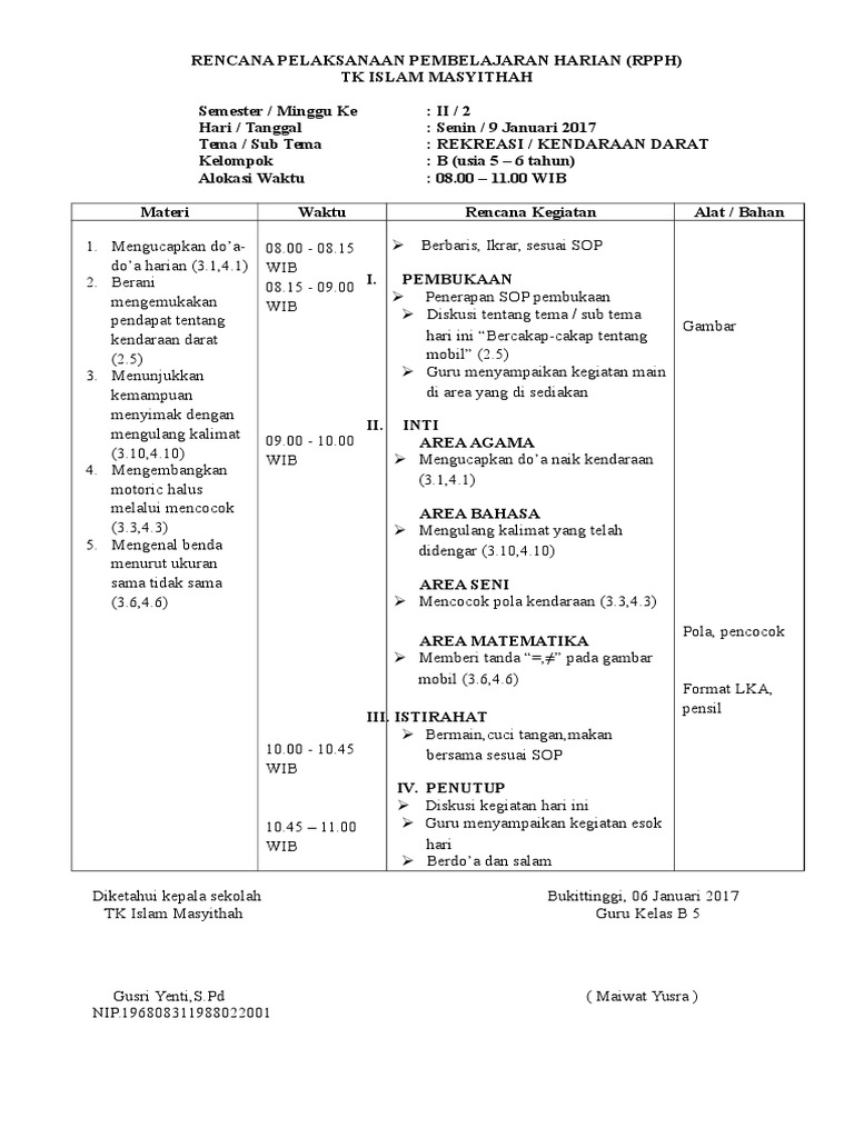 Rpph Semester 2 Tema Kendaraan Arial Viral