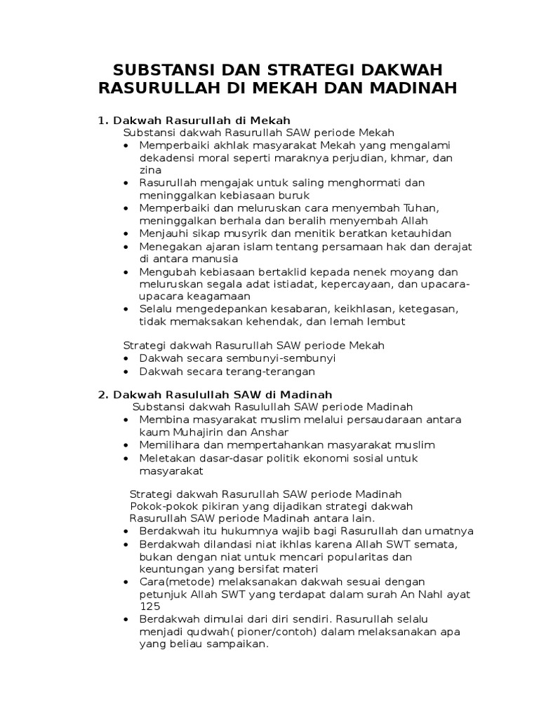 Substansi Dan Strategi Dakwah Rasurullah Di Mekah Dan Madinah