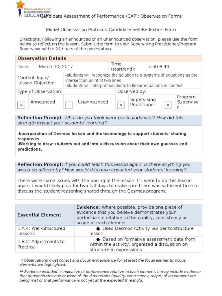 CAP Observation Reflection Form Guide | PDF | Educational Assessment ...