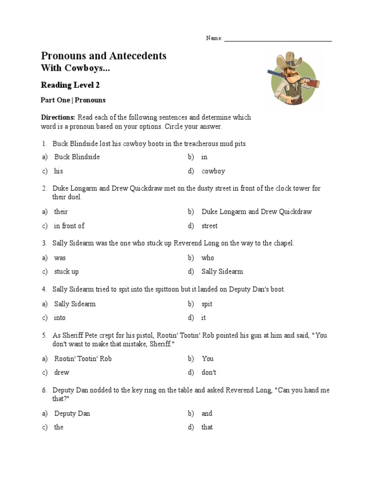 Pronouns And Antecedents Worksheet Reading Level 02 American Old West Violence
