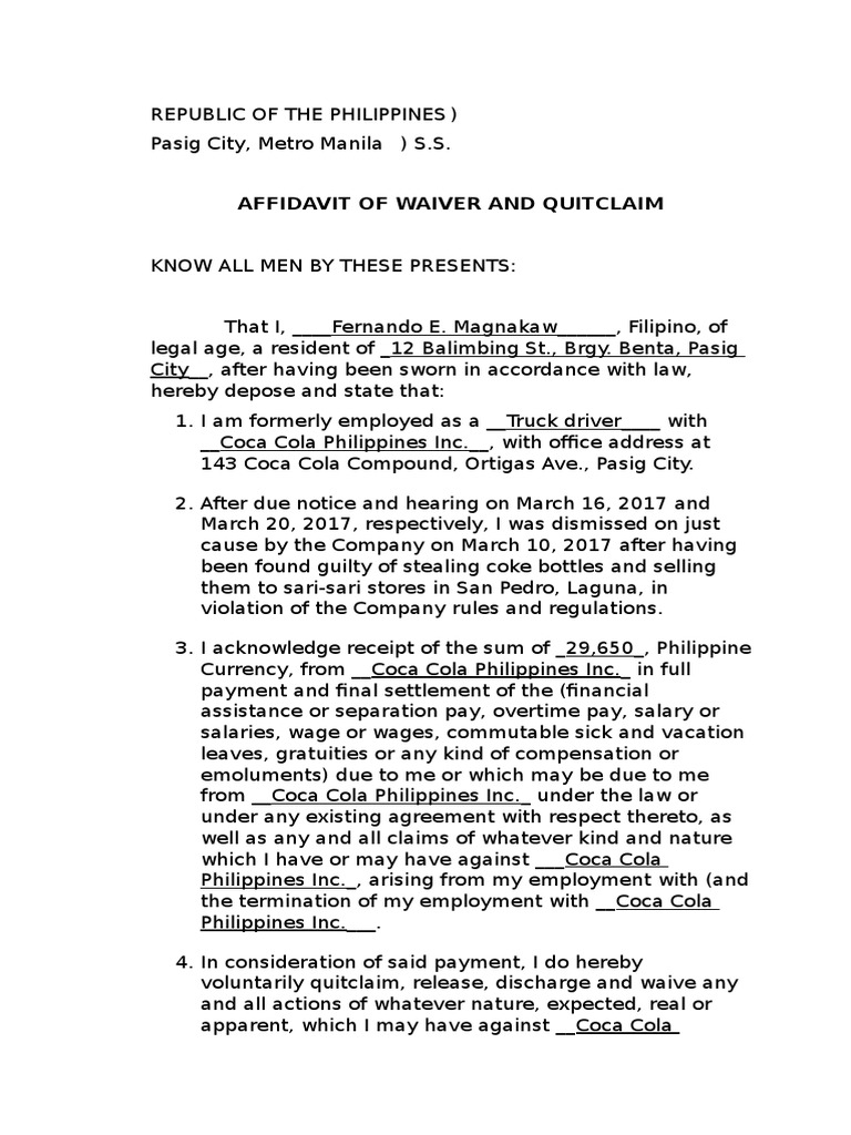 Affidavit Of Waiver And Quitclaim PDF Witness Philippines