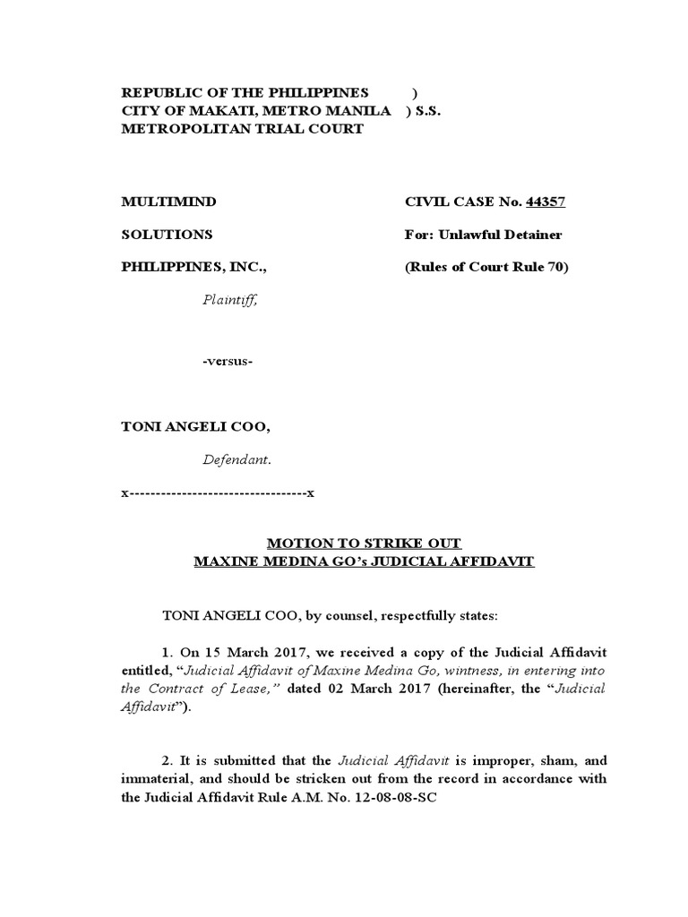 MOtion To Strike Out JUD AFF | PDF | Affidavit | Testimony