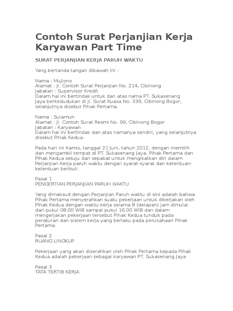 Contoh Surat Perjanjian Kerja Karyawan Part Time