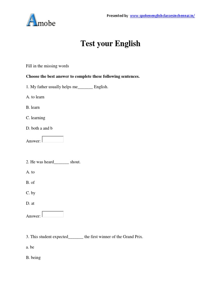 Fill in the Blanks English Test | PDF